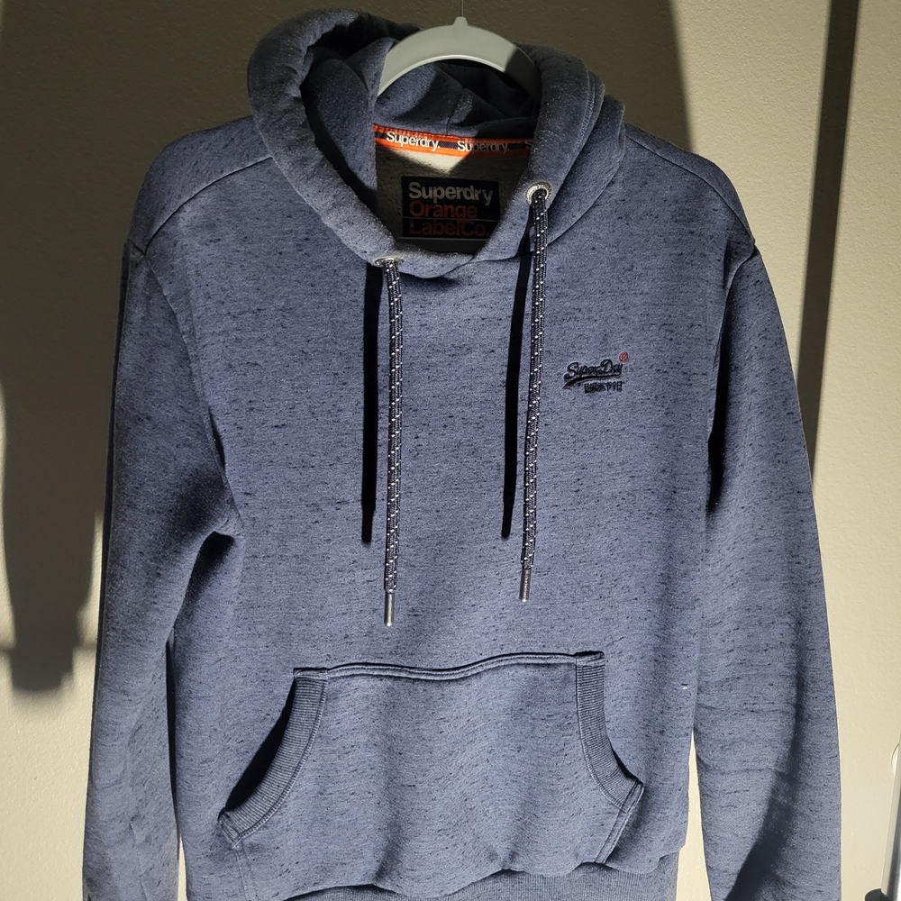 Superdry Men's Heather Blue Pullover Hoodie with Logo Size M